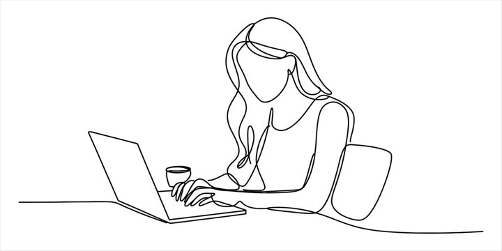 Continuous line drawing of a woman working remotely on a laptop with a coffee cup Vector, illustration