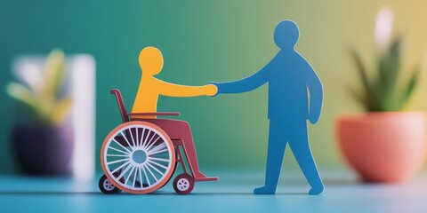 Helping hand to person in wheelchair in inclusive support concept scene