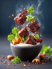 Close-up of spicy thai vegan tofu rice bowl a flavorful kitchen experience