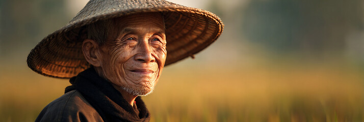 Portrait of Elderly Asian Rice Farmer with Conical Hat in Golden Hour, Authentic Smile