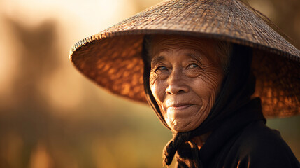 Portrait of Elderly Asian Rice Farmer with Conical Hat in Golden Hour, Authentic Smile