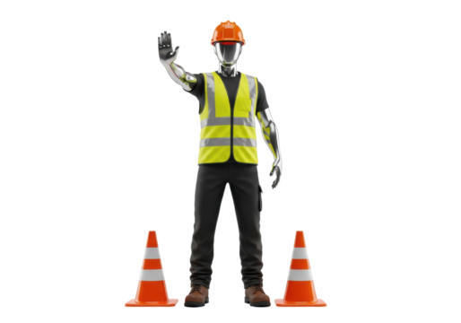 Faceless 3d stylized road worker in high-vis vest and orange hard hat making a clear stop gesture, isolated with traffic cones on a sterile white background. Concept of construction safety - Powered by Adobe