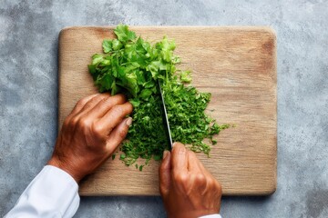 African American hands chopping fresh herbs on wooden board on textured surface
