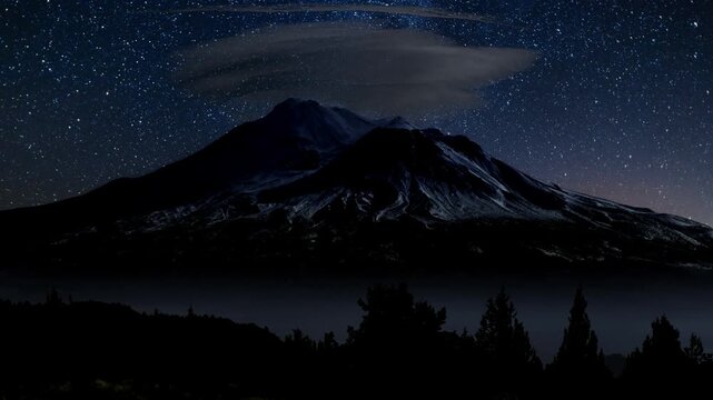 Night sky with stars and Milky Way over Mount Shasta, California
