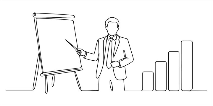 Continuous line drawing of a businessman presenting financial growth data on a flip chart Vector, illustration