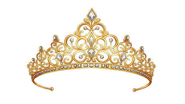 Golden tiara in watercolor style cut out on PNG. AI GENERATED.