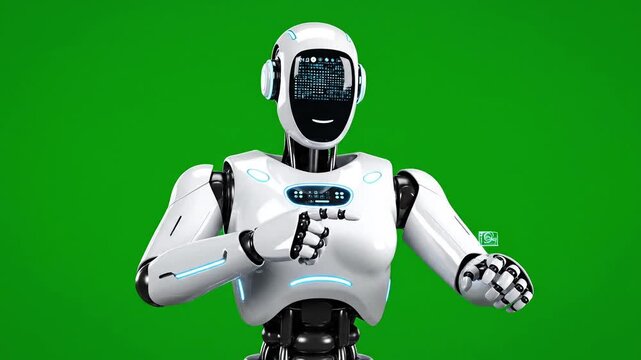 Friendly robot with digital face and glowing blue accents waving