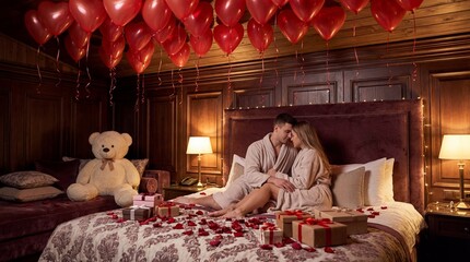 romantic caucasian couple sitting on bed with red heart balloons and rose petals. st valentine day celebration in bedroom. love holiday surprise, gift. banner, website header.