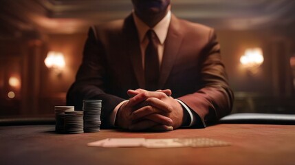 High-stakes poker game in elegant casino intense focus on player and chips