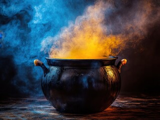 Mystical Cauldron with Glowing Steam and Colorful Smoke in Dark Atmosphere