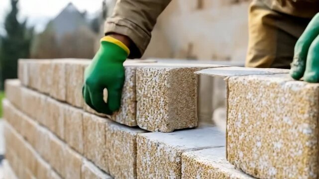 Workers stack building blocks carefully in an outdoor area under clear skies. Steps show the block placement process