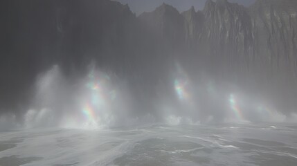 Massive Ocean Waves Crashing Against Dark Cliffs with Sea Spray and Light Refraction