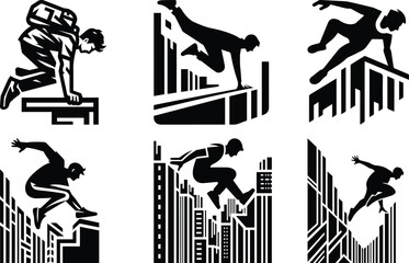 Person doing parkour on city ledges bundle silhouette icon vector art illustration
