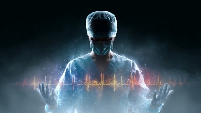 Trauma surgeon monitors ekg lines in high-tech operating room a dramatic viewpoint