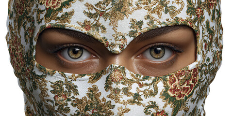 Womans intense gaze through ornate floral patterned balaclava, mystery and fashion concept