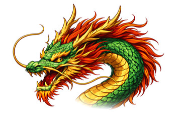 Vibrant green dragon with fiery mane and sharp teeth roaring powerfully