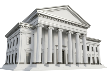 Hyper-detailed 3d rendering of a majestic neoclassical institution, featuring towering white polished marble columns and sleek chrome silver accents, against a transparent background. Concept of