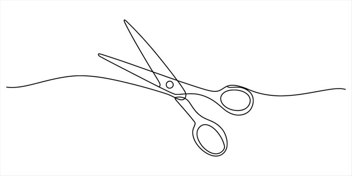 Minimalist continuous line drawing of a pair of open scissors cutting through a wavy line Vector, illustration