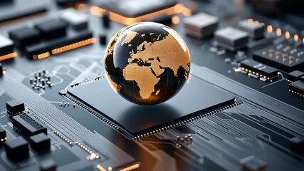 A globe rotates over a circuit board. The images show layers of technology supporting the earth representation - Powered by Adobe