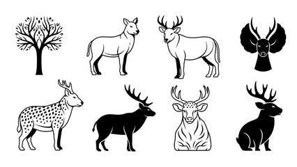 Fototapeta premium Vector set of wild and farm animals featuring black silhouette illustrations of a horse, elephant, deer, and wolf in a nature-inspired design collection