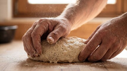 Man hands kneading dough on floured wooden surface in kitchen Generated Image