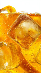 Macro close up of iced orange punch with floating ice cubes and sparkling bubbles isolated on white background. Refreshing citrus drink, summer beverage concept, vibrant liquid texture.