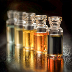 Minimalist glass vials filled with cosmetic oils and serums arranged in a row on reflective surface. Luxury skincare, beauty formulation, wellness and laboratory concept with warm lighting.