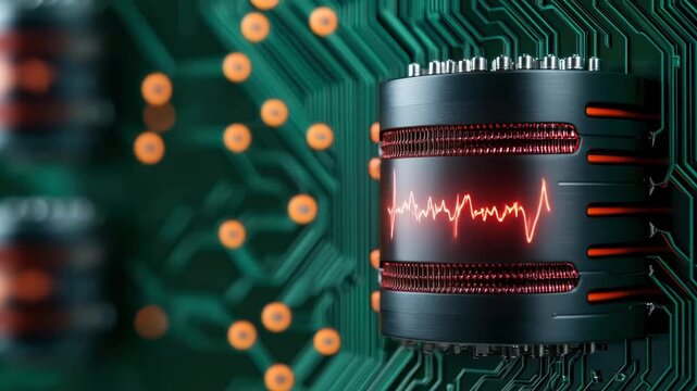 Futuristic processor red waveform glowing circuit cyberpunk style green board technology chip sci fi hardware digital pulse neon metallic module