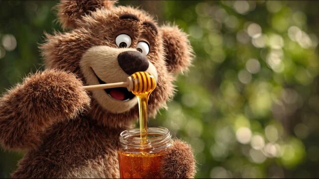 A cute brown bear holds a honey dipper over a jar of golden honey