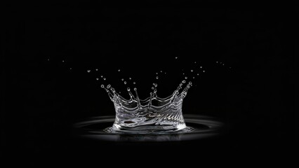 A dynamic water splash creates a crown shape against a stark black background in studio lighting.