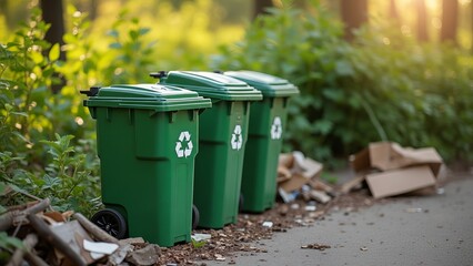 Three green recycle bins stand on a pathway next to a wooded area symbolizing conservation efforts.