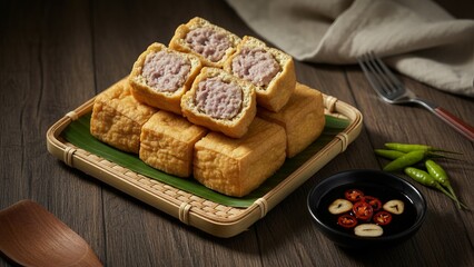 A stack of golden, fried tofu, filled with ground meat, served on a bamboo tray with dipping sauce.