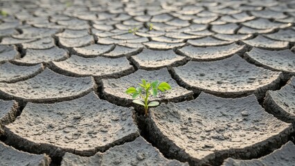 A small green plant struggles for survival in cracked dry earth, symbolizing hope and resilience now