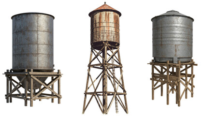 Old metal and wood water towers, transparent background  
