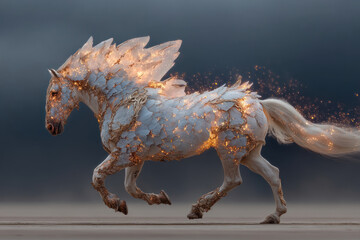 A fantasy digital illustration of a white horse, created from glowing crystals and glowing gold veins. 