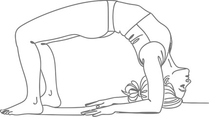 Fototapeta premium Minimalist continuous line art drawing illustrating a woman performing the yoga bridge pose or upward bow pose known as Urdhva Dhanurasana for physical flexibility and back strength development