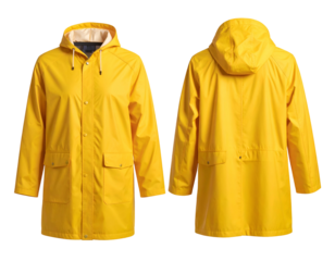 Two views of a bright yellow hooded rain jacket with pockets