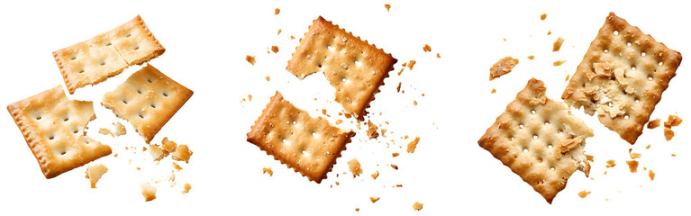 Crackers breaking with crumbs flying, transparent background  
