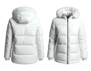 White hooded puffer jacket, front and back views (1)