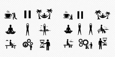 Set of black and white icons representing relaxation, work-life balance, and time management concepts.