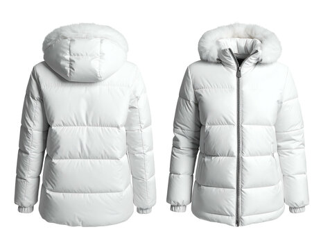 White hooded puffer jacket, front and back views (1)