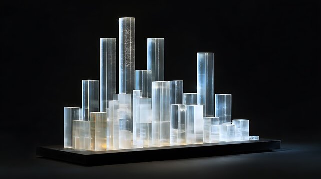 Modern bar chart created from transparent glass cylinders on black background with dramatic lighting with data visualization and business graph - Powered by Adobe