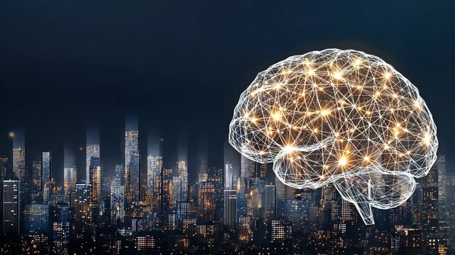 Illustration shows a brain network with lights connecting to a city skyline at night, depicting creativity and technology integration