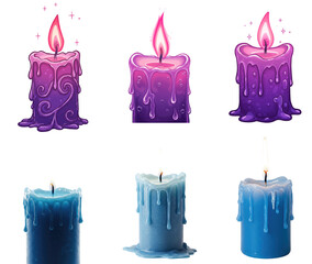 Dripping blue and purple candles in colors, transparent background  

