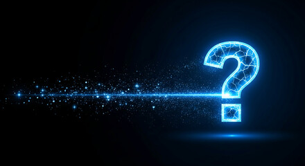 Glowing blue question mark on a dark background with sparkles, representing uncertainty, inquiry, or problem-solving with modern and techy feel