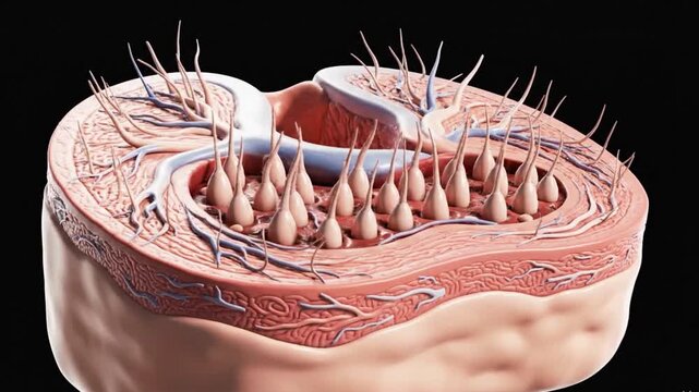 A video showcasing the detailed anatomy of the human intestine with villi and microvilli for nutrient absorption