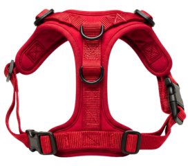 Red padded mesh dog harness with adjustable straps for pet safety on a transparent background