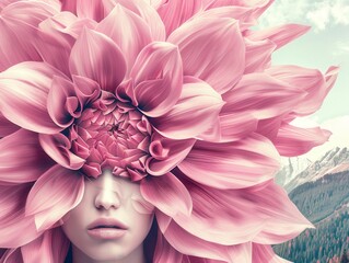 Surreal portrait of female face partially covered by large pink flower. AI-generated.