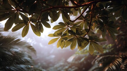 A lush canopy of green leaves is backlit by soft golden hour sunlight creating a misty atmospheric forest scene