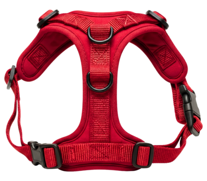 Red padded mesh dog harness with adjustable straps for pet safety on a transparent background - Powered by Adobe